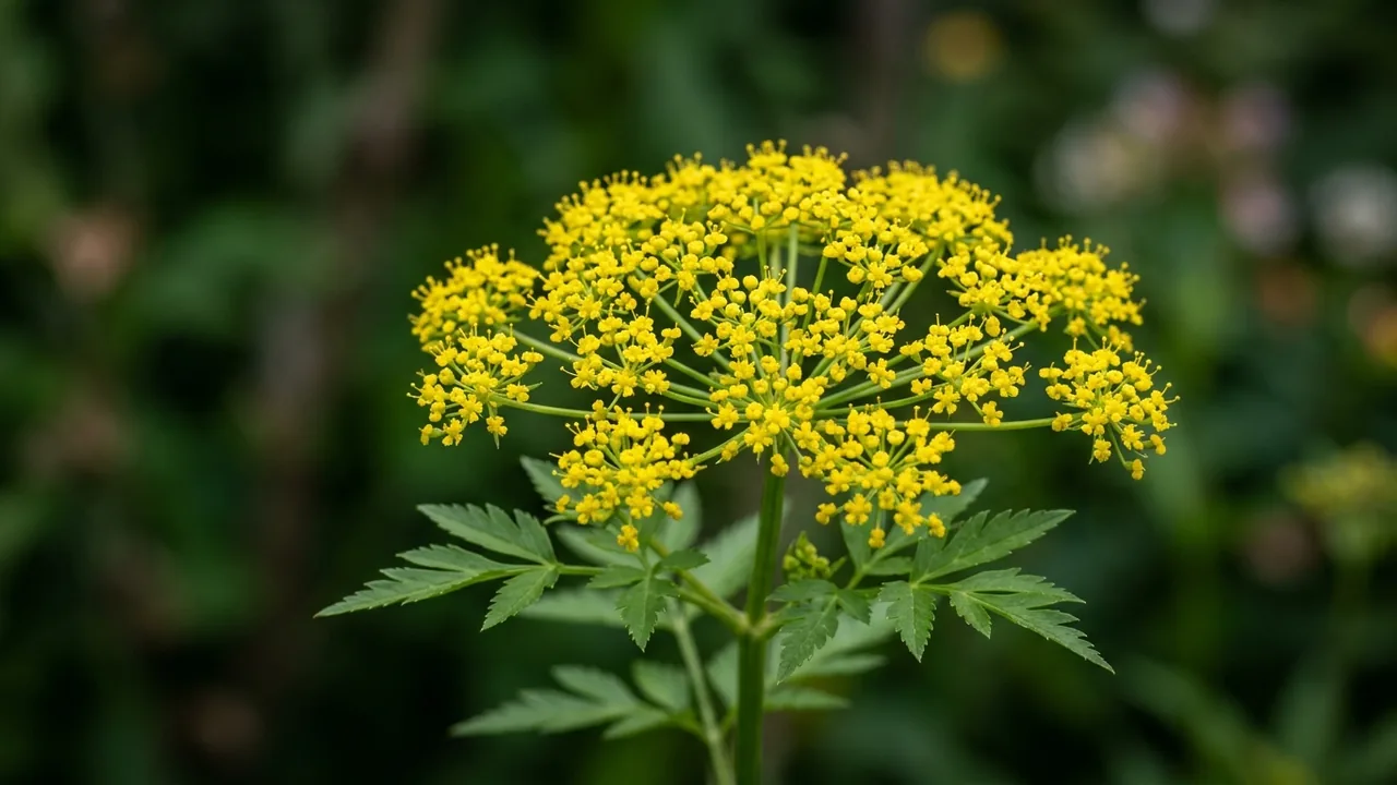 Golden Alexanders (Zizia aurea) - yellow flowers, illustrated plant card