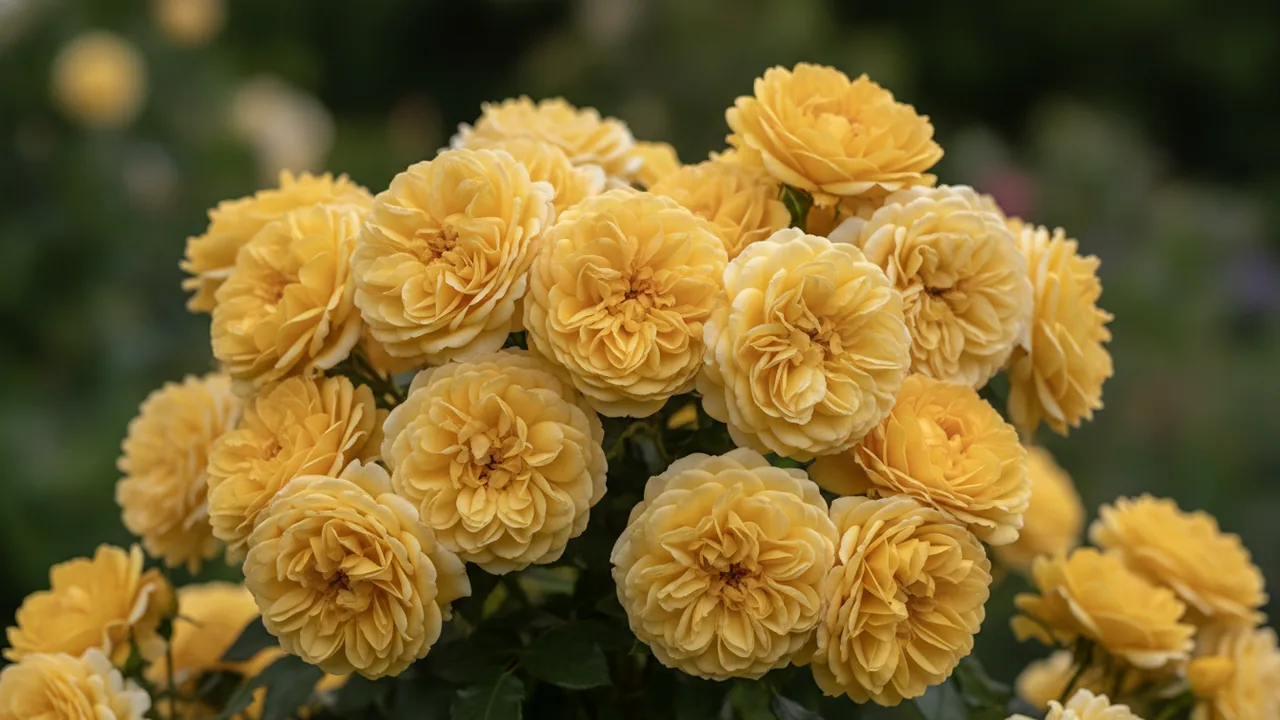 Golden Celebration (Rosa 'Ausgold') - yellow flowers, illustrated plant card