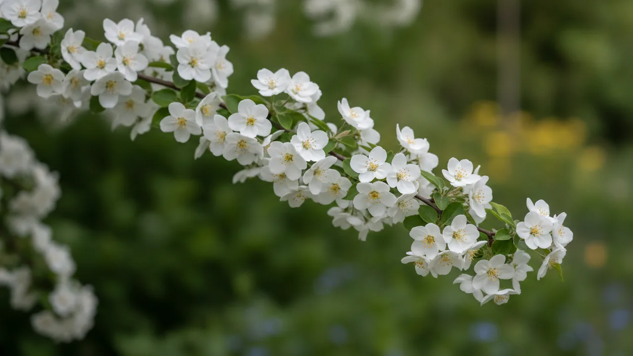 Golden Raindrops (Malus 'Golden Raindrops') - white flowers, illustrated plant card