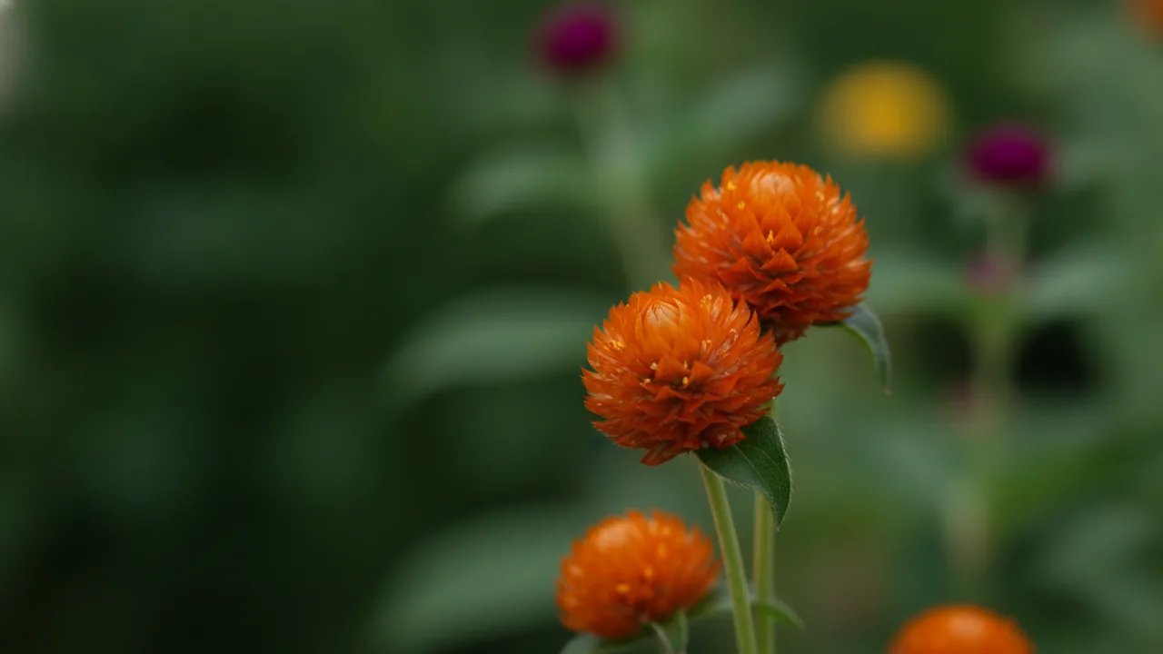 QIS Orange (Gomphrena haageana 'QIS Orange') - orange flowers, illustrated plant card