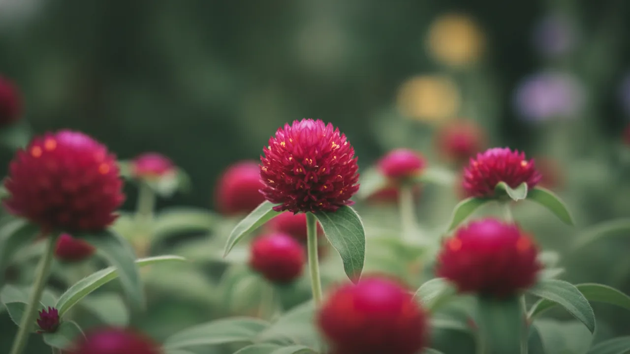 Strawberry Fields (Gomphrena haageana 'Strawberry Fields') - red flowers, illustrated plant card