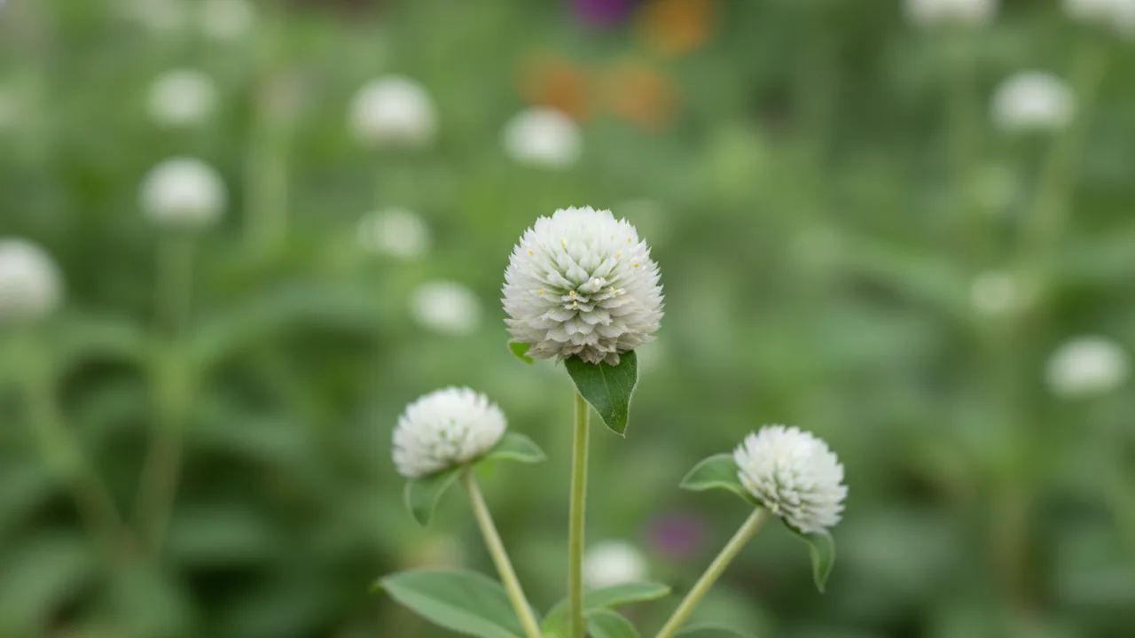 White Globe Amaranth (Gomphrena globosa) - white flowers, illustrated plant card