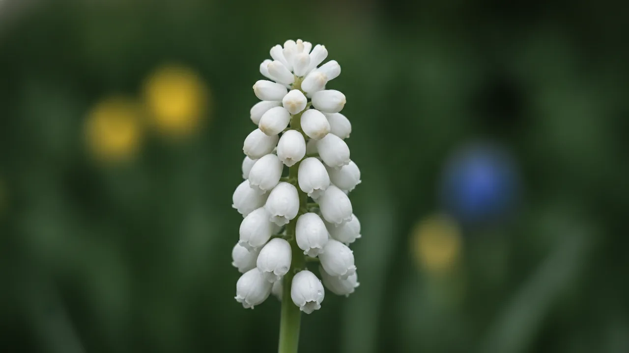 White Muscari (Muscari botryoides 'Album') - white flowers, illustrated plant card
