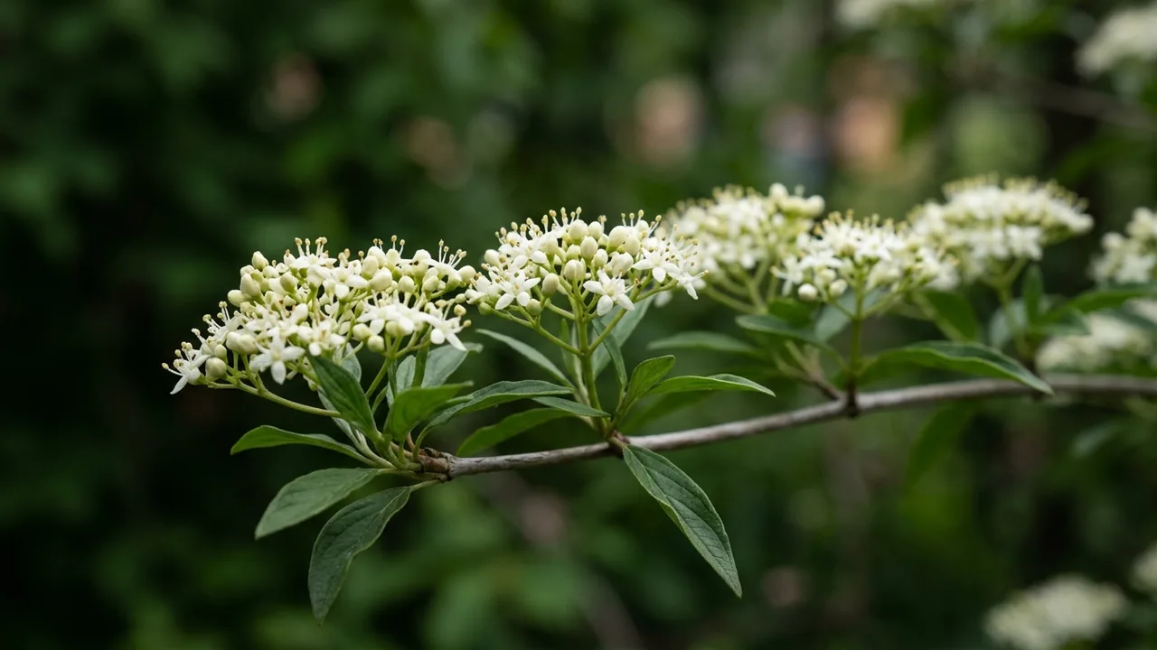 Gray Dogwood (Cornus racemosa) - white flowers, illustrated plant card