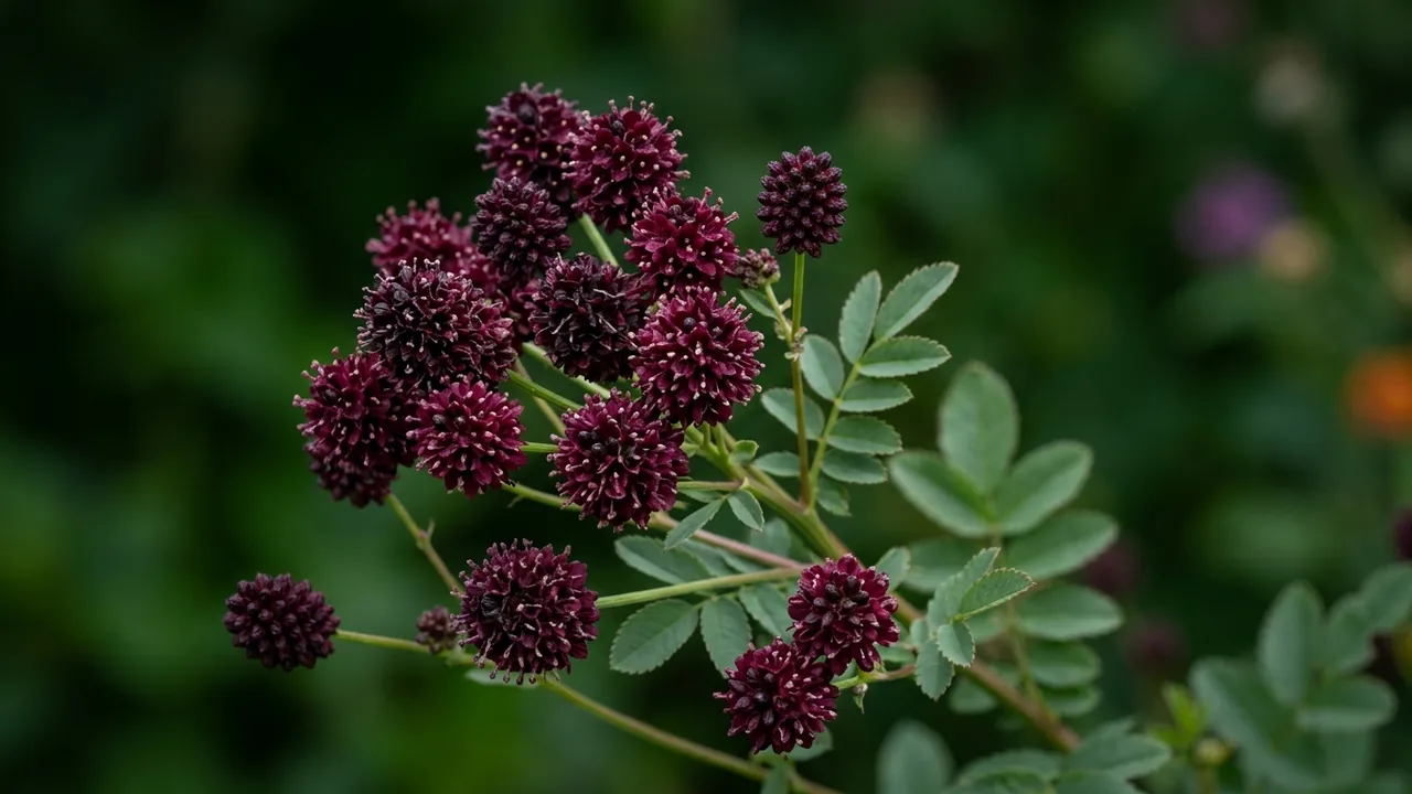 Great Burnet (Sanguisorba officinalis) - red flowers, illustrated plant card