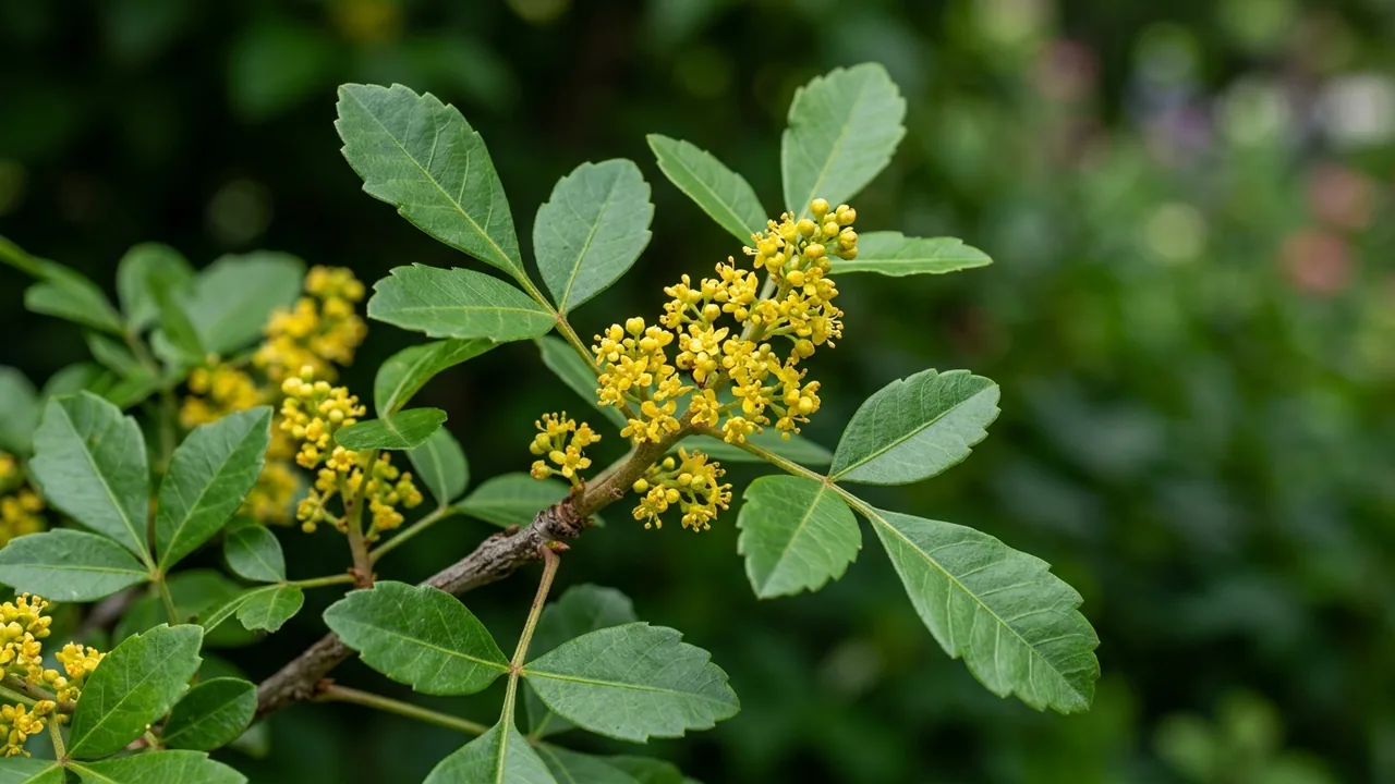 Gro-Low Fragrant Sumac (Rhus aromatica 'Gro-Low') - yellow flowers, illustrated plant card