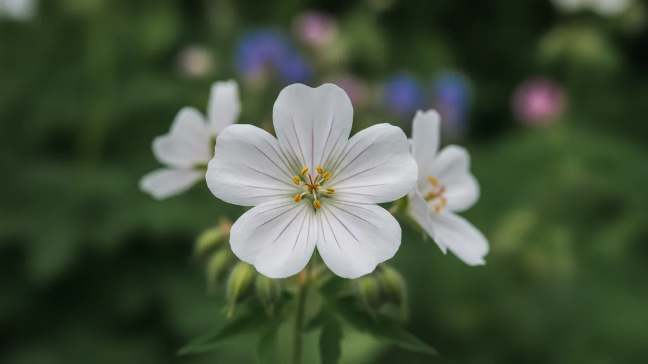 Kashmir White (Geranium clarkei 'Kashmir White') - white flowers, illustrated plant card