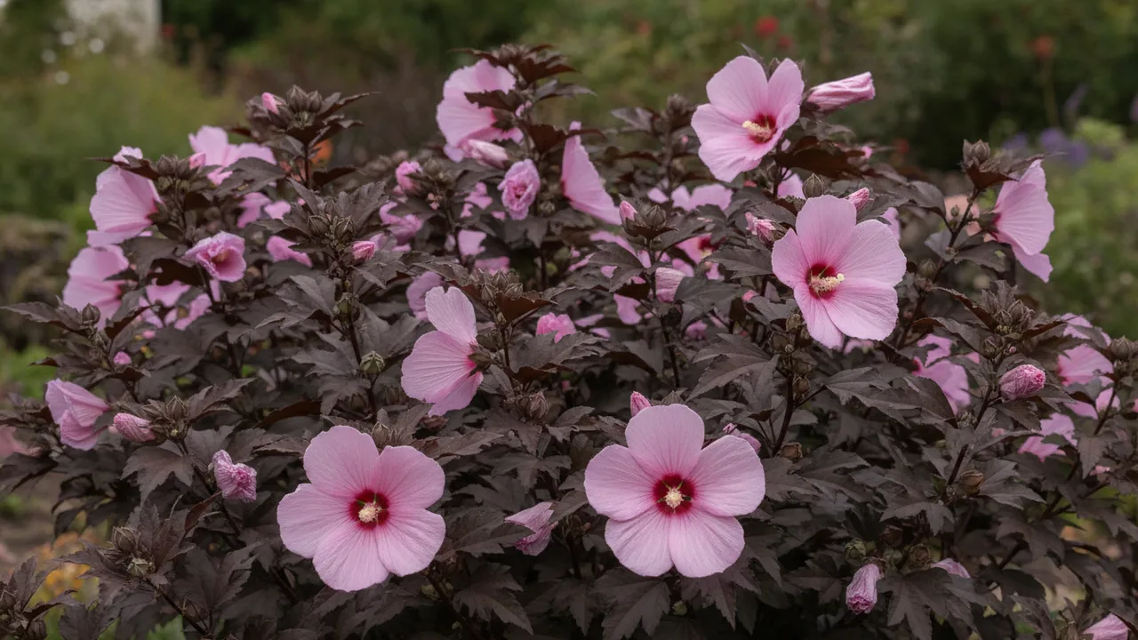Cherry Choco Latte (Hibiscus 'Cherry Choco Latte') - pink flowers, illustrated plant card