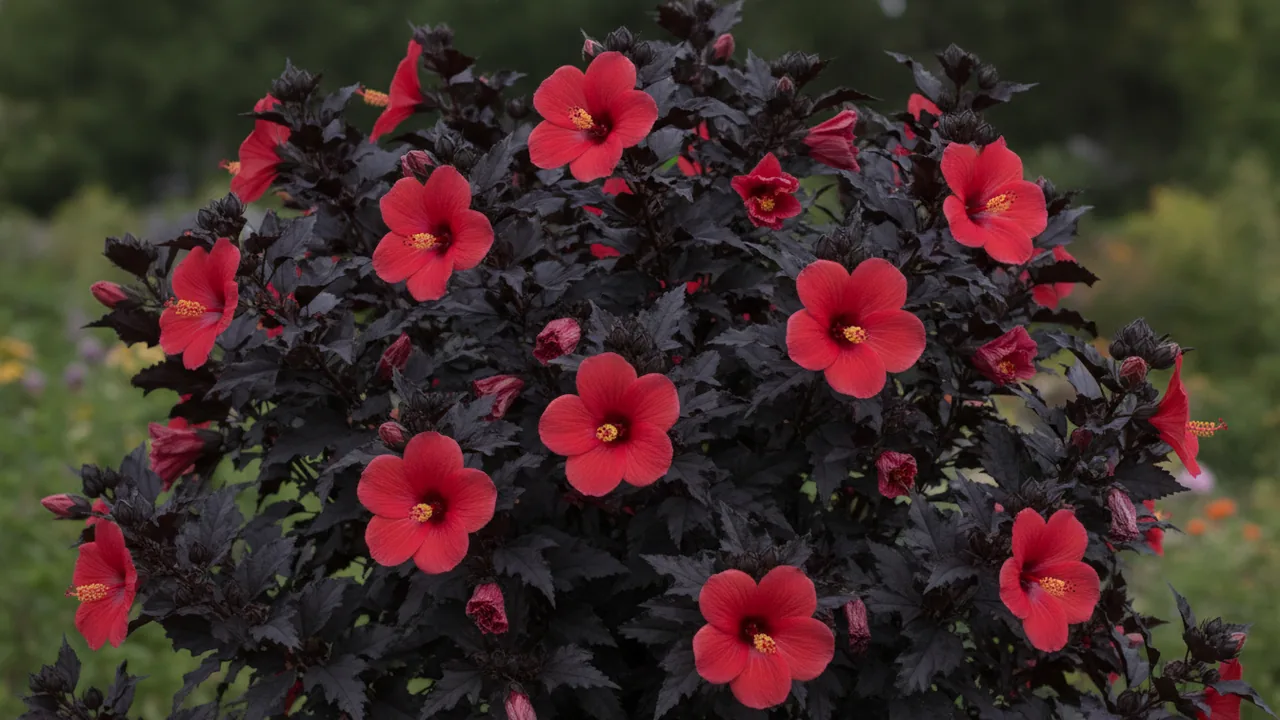 Holy Grail (Hibiscus 'Holy Grail') - red flowers, illustrated plant card