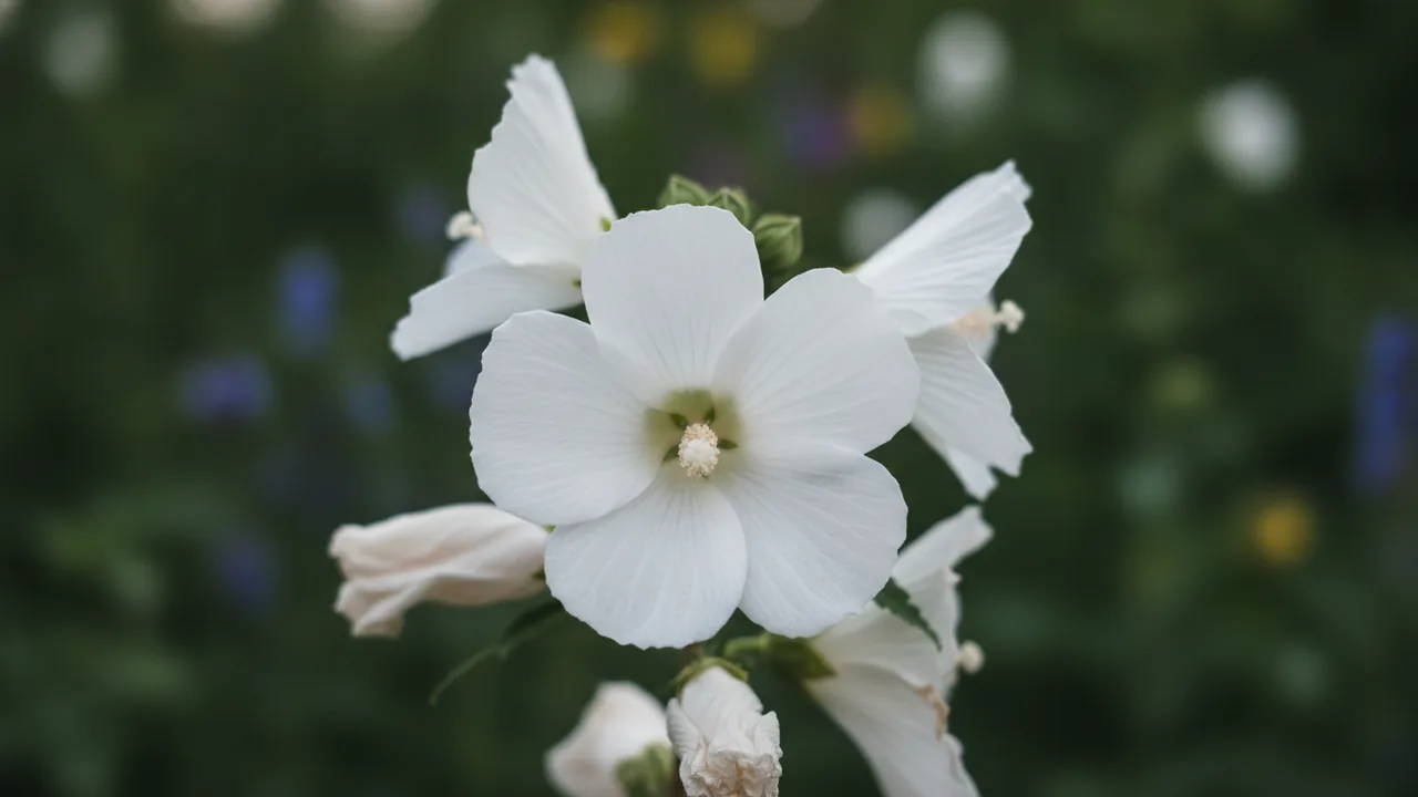 Luna White (Hibiscus moscheutos 'Luna White') - white flowers, illustrated plant card