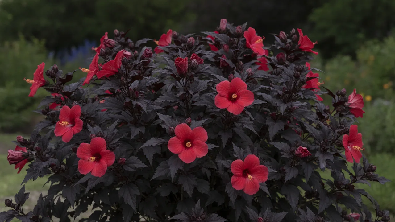 Midnight Marvel (Hibiscus 'Midnight Marvel') - red flowers, illustrated plant card