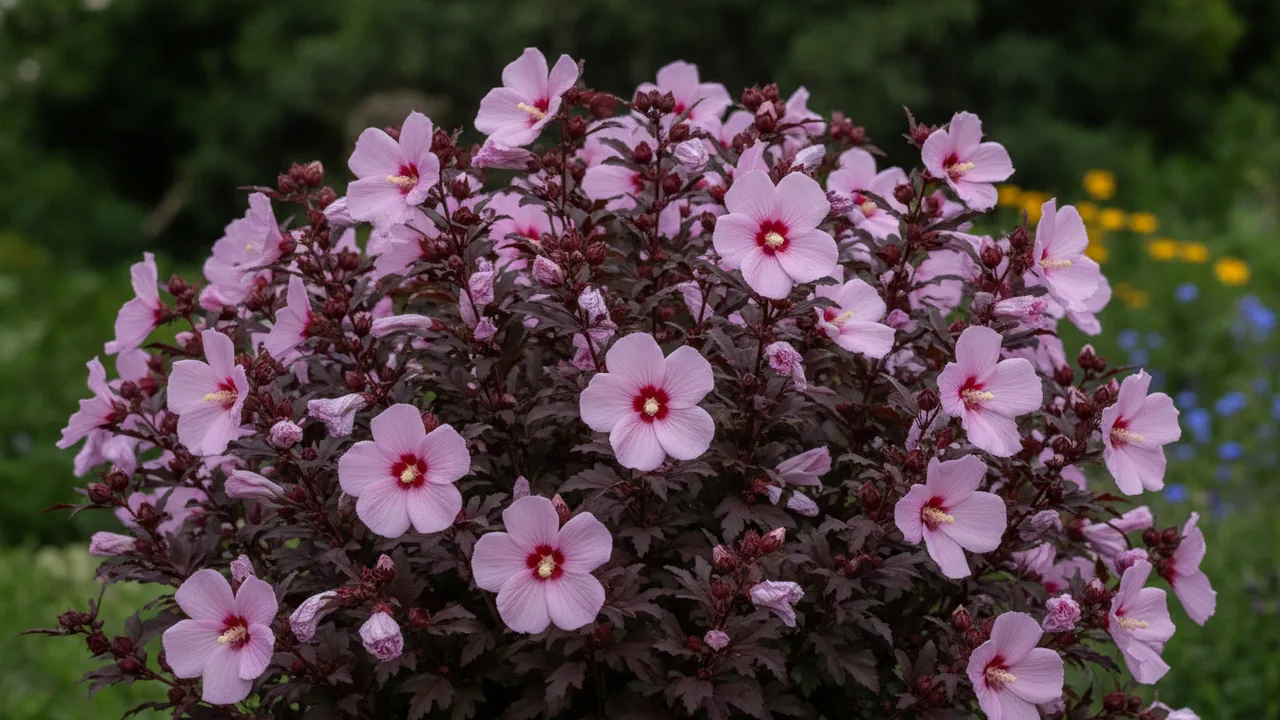 Summer Storm (Hibiscus 'Summer Storm') - pink flowers, illustrated plant card