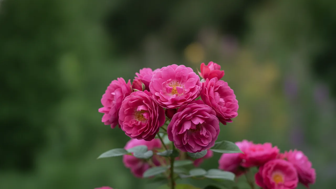 Harlow Carr (Rosa 'Aushouse') - pink flowers, illustrated plant card