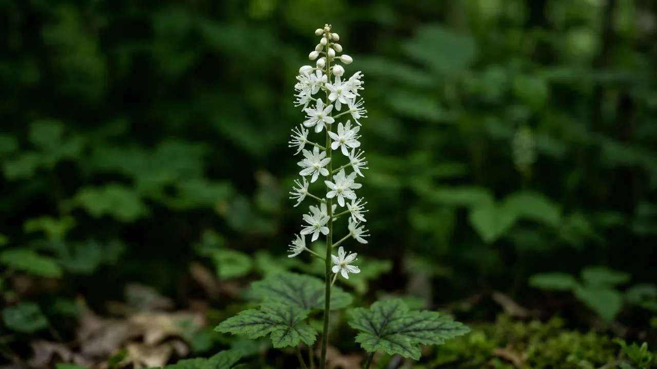 Heartleaf Foamflower (Tiarella cordifolia) - white flowers, illustrated plant card