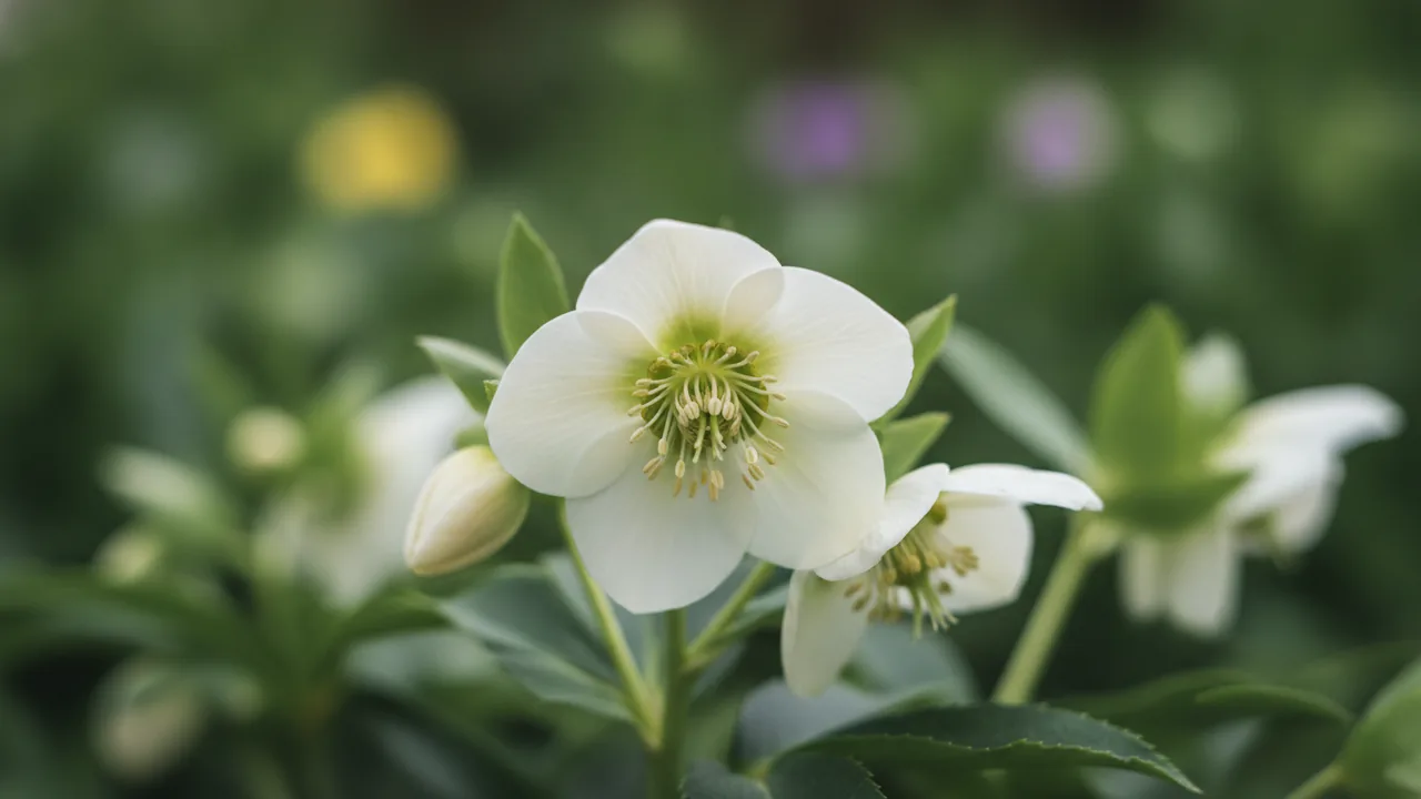 Christmas Rose (Helleborus niger) - white flowers, illustrated plant card