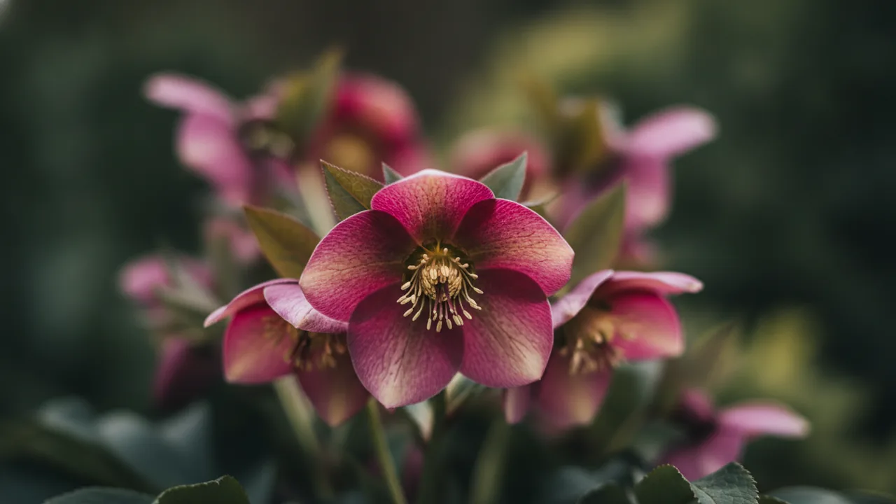 Penny's Pink (Helleborus × hybridus 'Penny's Pink') - pink flowers, illustrated plant card