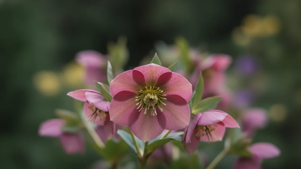 Pink Frost (Helleborus × ballardiae 'Pink Frost') - pink flowers, illustrated plant card