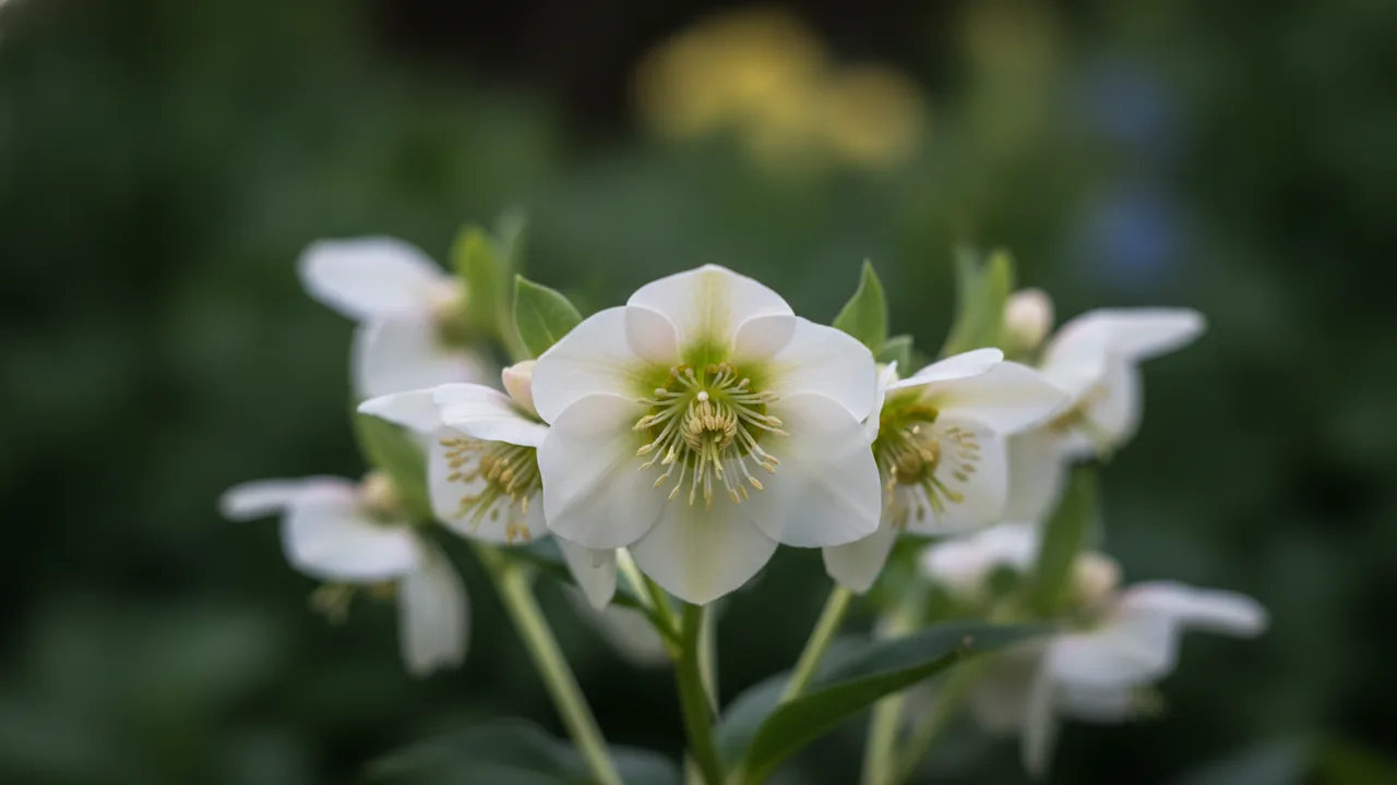 Wedding Party (Helleborus × hybridus 'Wedding Party') - white flowers, illustrated plant card