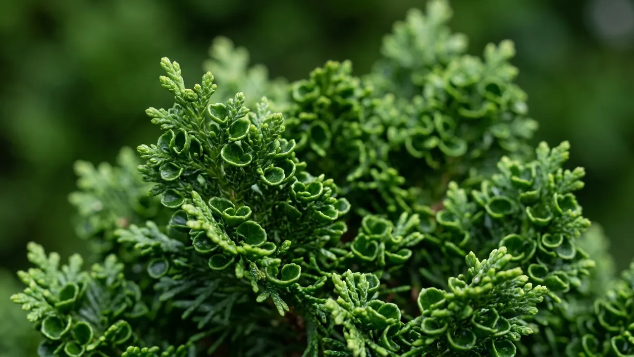 Nana Gracilis Hinoki Cypress (Chamaecyparis obtusa 'Nana Gracilis') - foliage plant, illustrated plant card