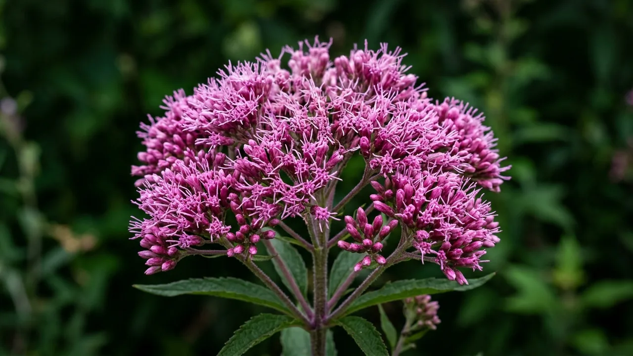 Hollow Joe Pye Weed (Eutrochium fistulosum) - pink flowers, illustrated plant card