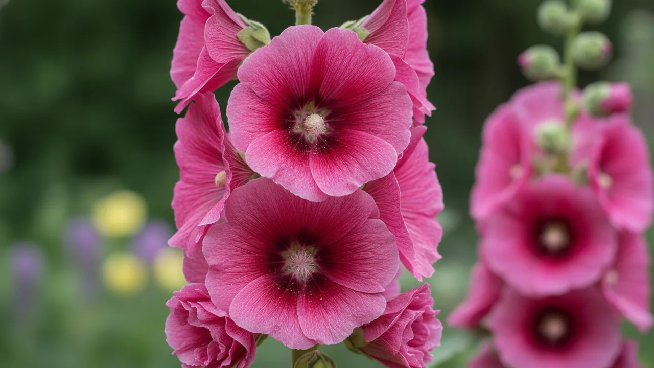 Crème de Cassis (Alcea rosea 'Creme de Cassis') - red flowers, illustrated plant card