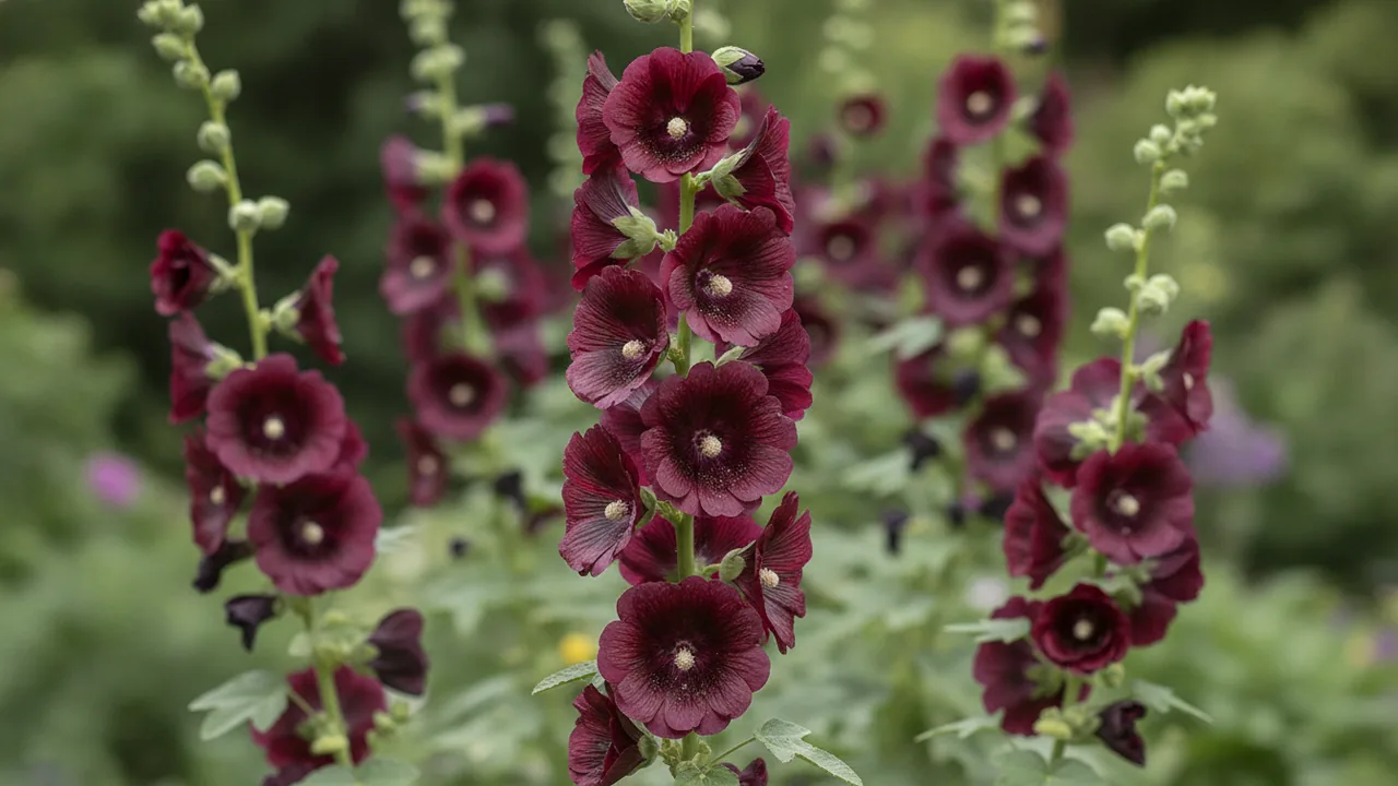Nigra (Alcea rosea 'Nigra') - purple flowers, illustrated plant card