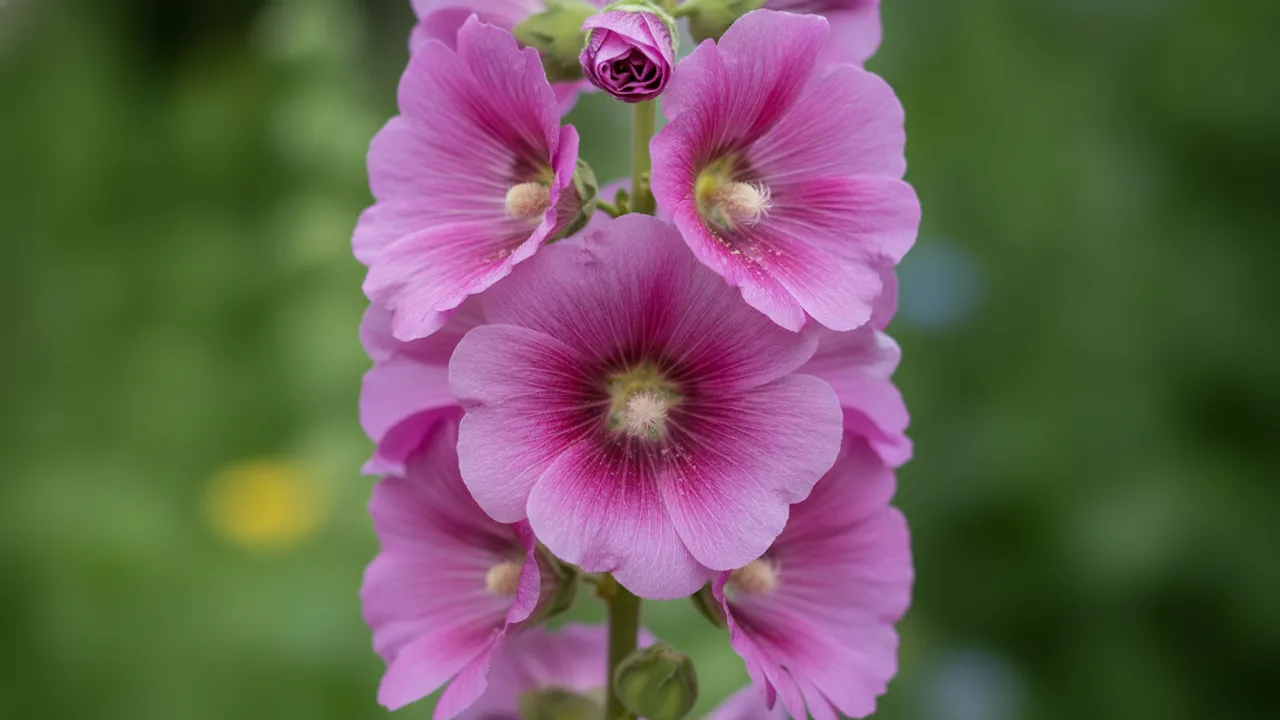 Chater's Double Violet (Alcea rosea 'Chater's Double Violet') - purple flowers, illustrated plant card