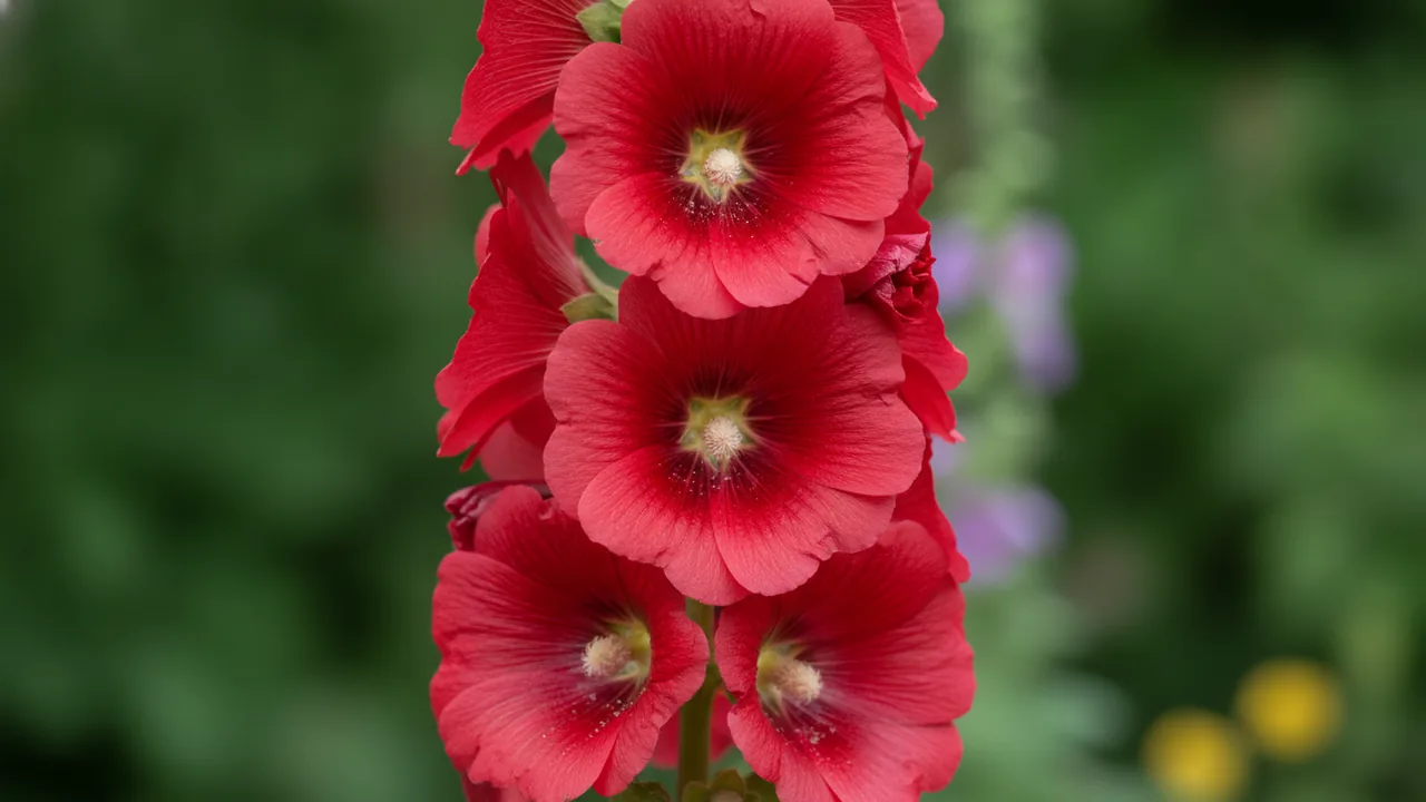 Chater's Double Red (Alcea rosea 'Chater's Double Red') - red flowers, illustrated plant card