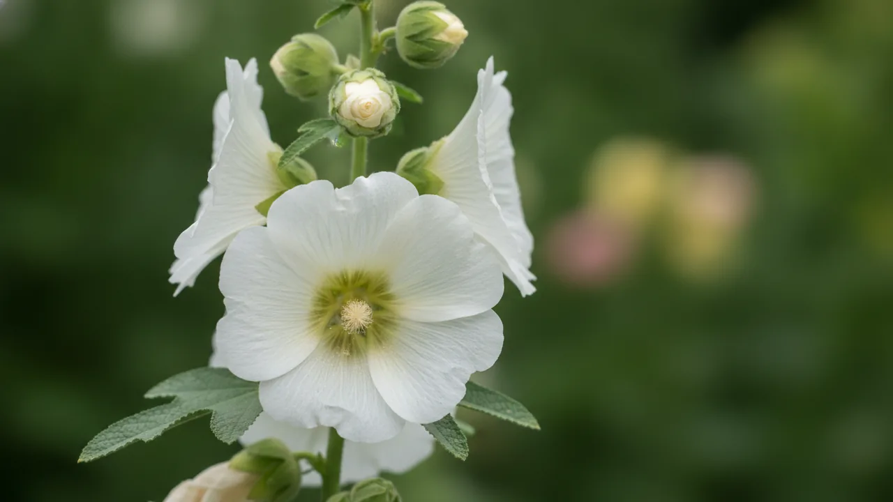 Chater's Double White (Alcea rosea 'Chater's Double White') - white flowers, illustrated plant card