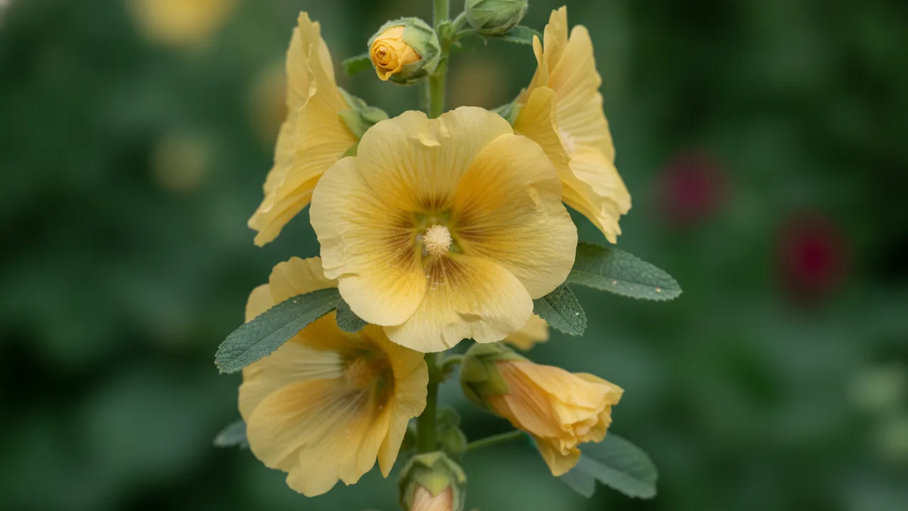 Chater's Double Yellow (Alcea rosea 'Chater's Double Yellow') - yellow flowers, illustrated plant card