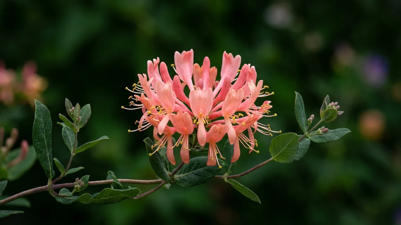Coral Star Honeysuckle (Lonicera 'Celestial') - orange flowers, illustrated plant card