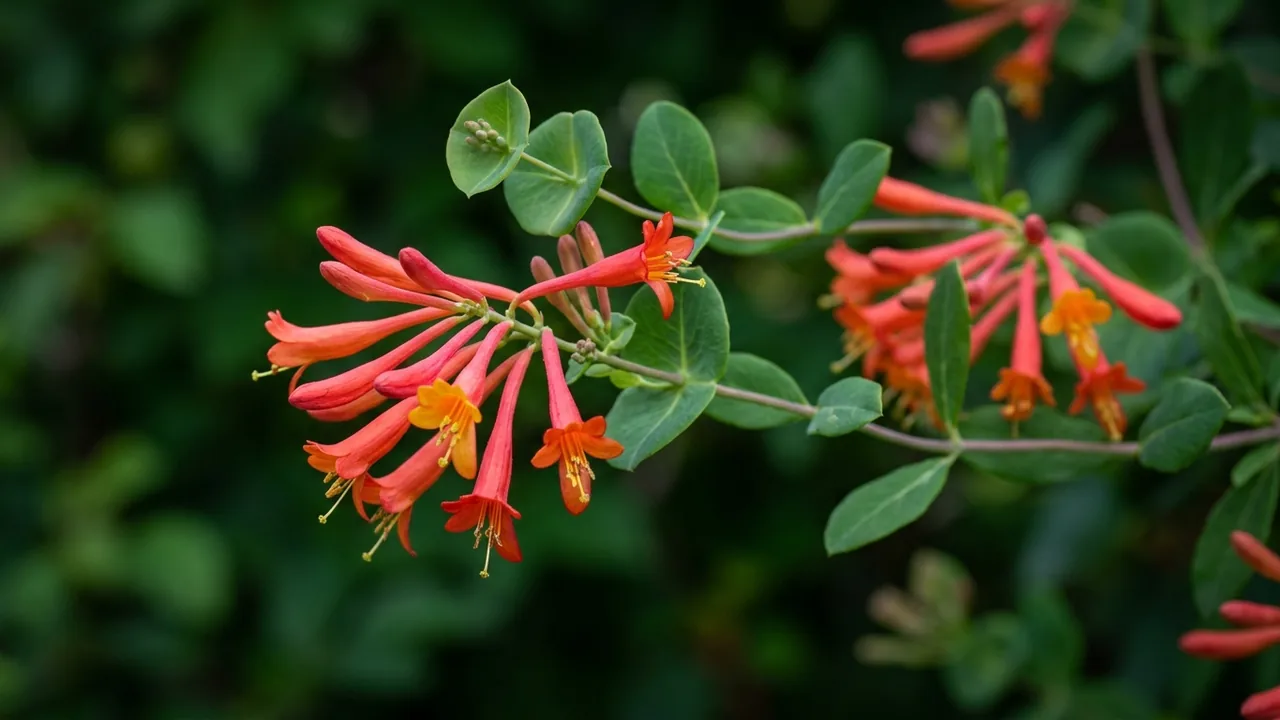 Coral Honeysuckle (Lonicera sempervirens) - red flowers, illustrated plant card