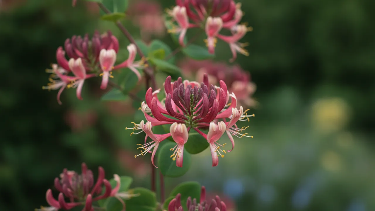 Major Wheeler (Lonicera sempervirens 'Major Wheeler') - red flowers, illustrated plant card