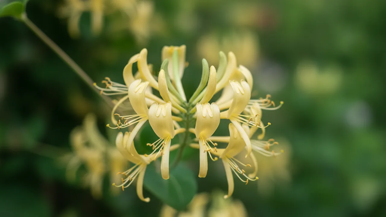 Dutch Woodbine (Lonicera periclymenum 'Belgica') - white flowers, illustrated plant card