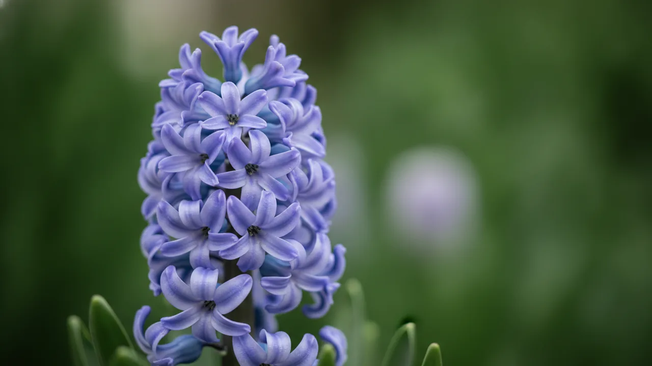 Delft Blue (Hyacinthus 'Delft Blue') - blue flowers, illustrated plant card