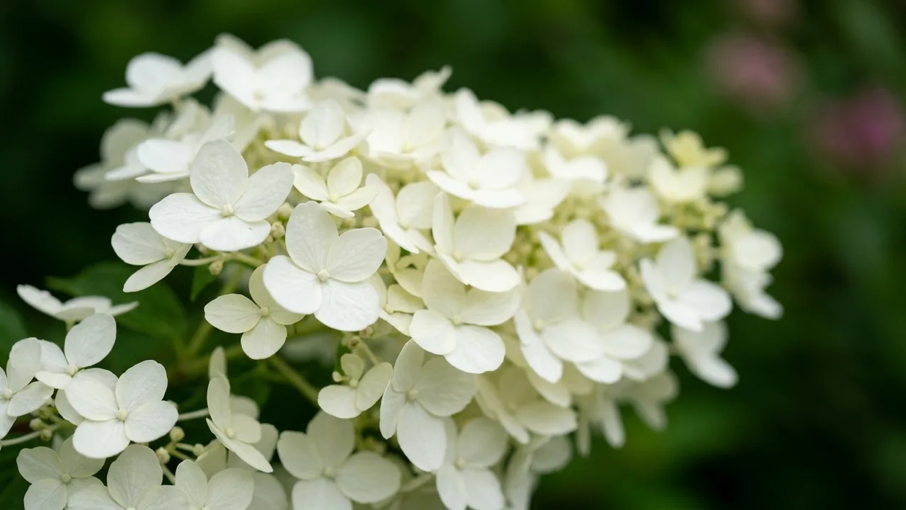 Dragon Baby Hardy Hydrangea (Hydrangea paniculata 'Hylv17522') - pink flowers, illustrated plant card