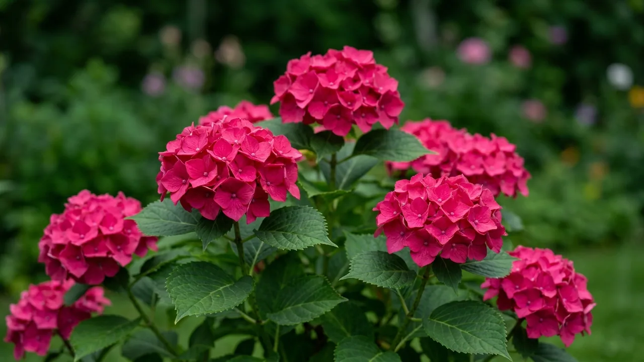 Endless Summer Summer Crush Hydrangea (Hydrangea macrophylla 'Bailmacfive') - red flowers, illustrated plant card