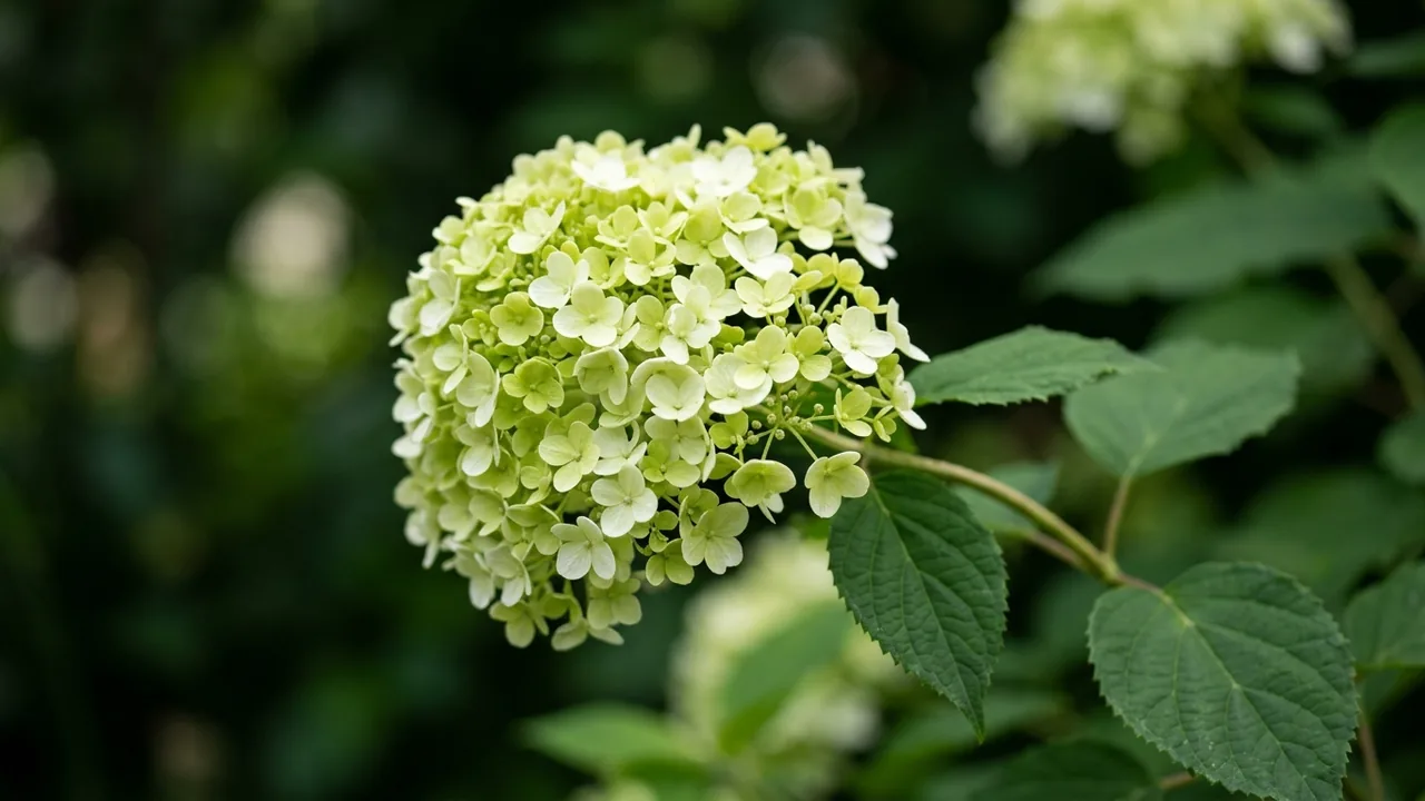 Fairytrail Green Cascade Hydrangea (Hydrangea 'Wnhydfbwmh') - white flowers, illustrated plant card