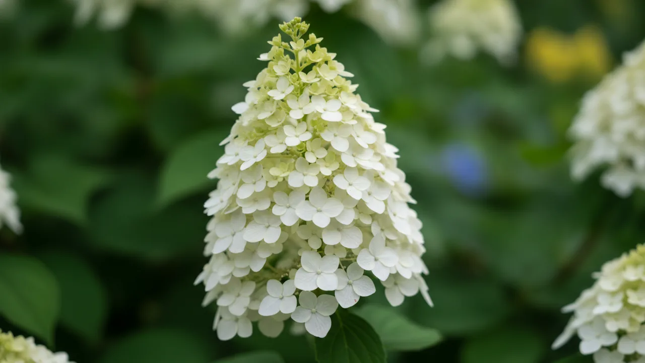 Magical Candle Hydrangea (Hydrangea paniculata 'Bokraflame') - white flowers, illustrated plant card
