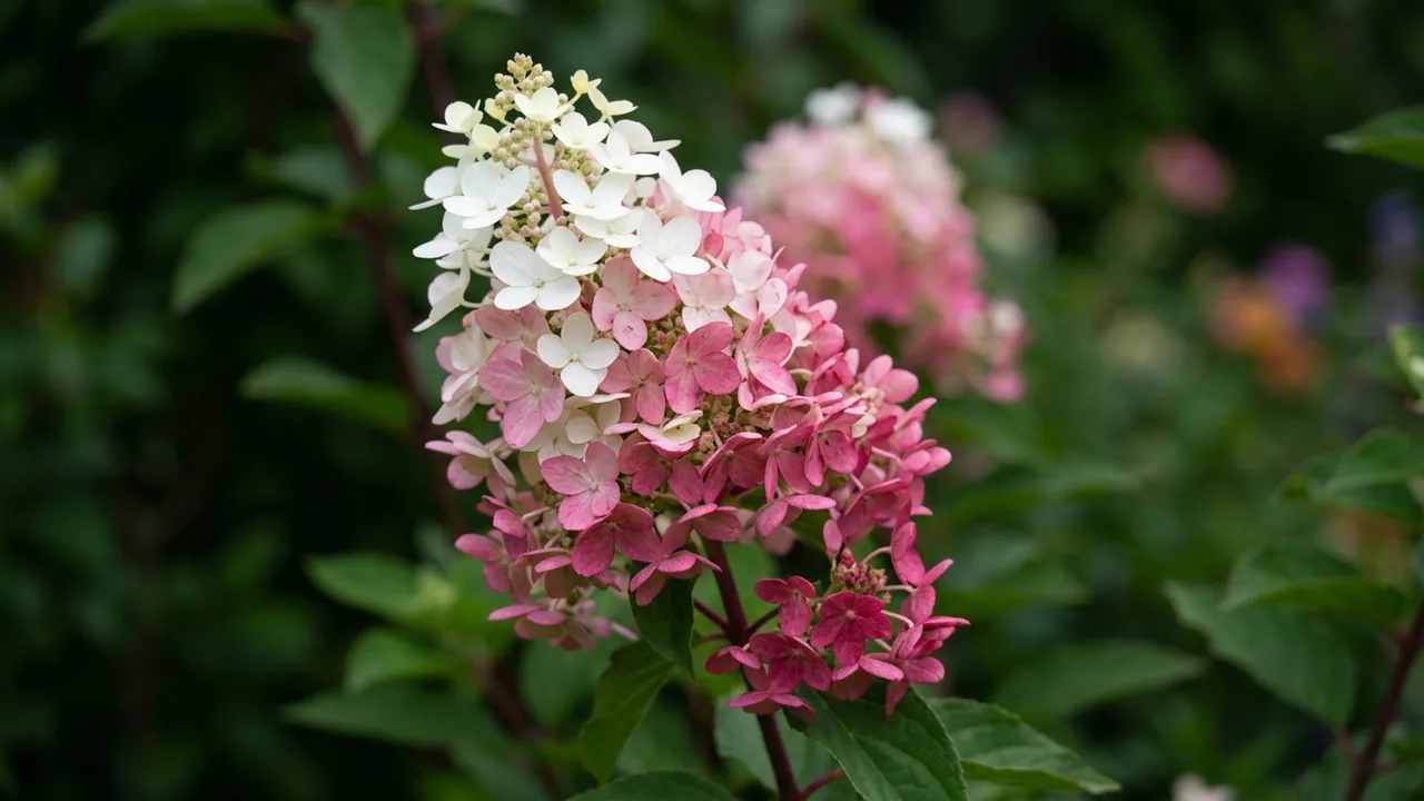 Pinky Winky Hydrangea (Hydrangea paniculata 'DVP Pinky') - white flowers, illustrated plant card