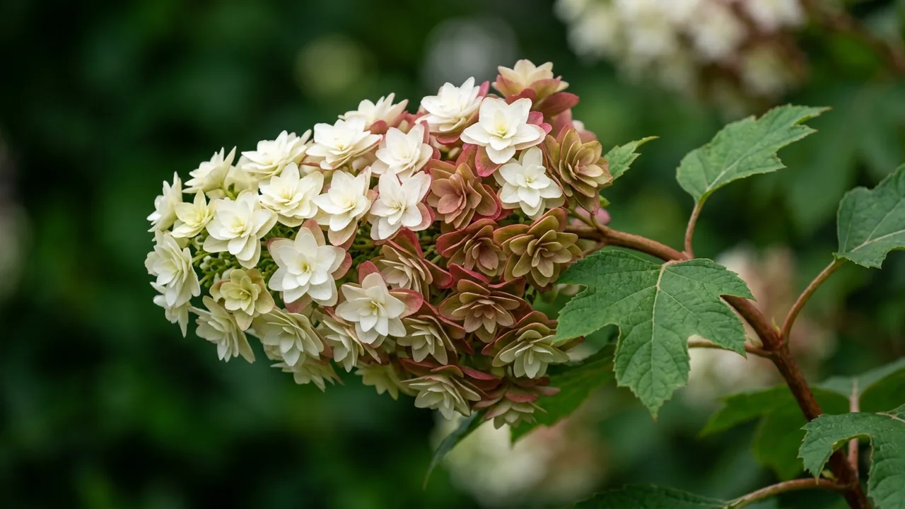 Snowcicle Hydrangea (Hydrangea quercifolia 'Snowcicle') - white flowers, illustrated plant card