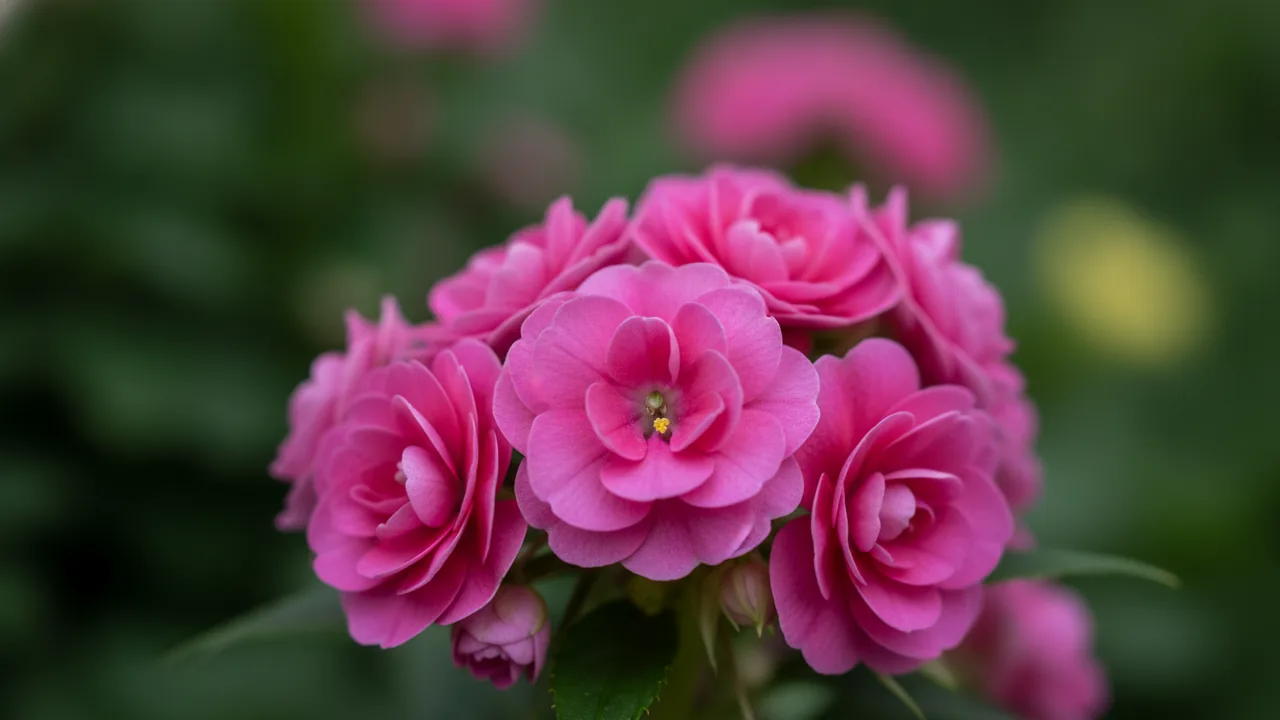 Double Rose Impatiens (Impatiens 'Rockapulco Rose') - pink flowers, illustrated plant card