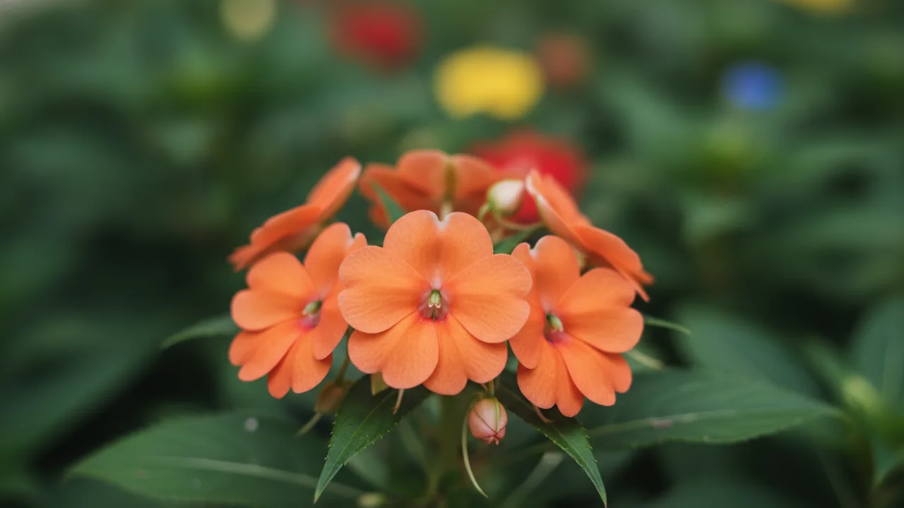 New Guinea Orange (Impatiens hawkeri) - orange flowers, illustrated plant card