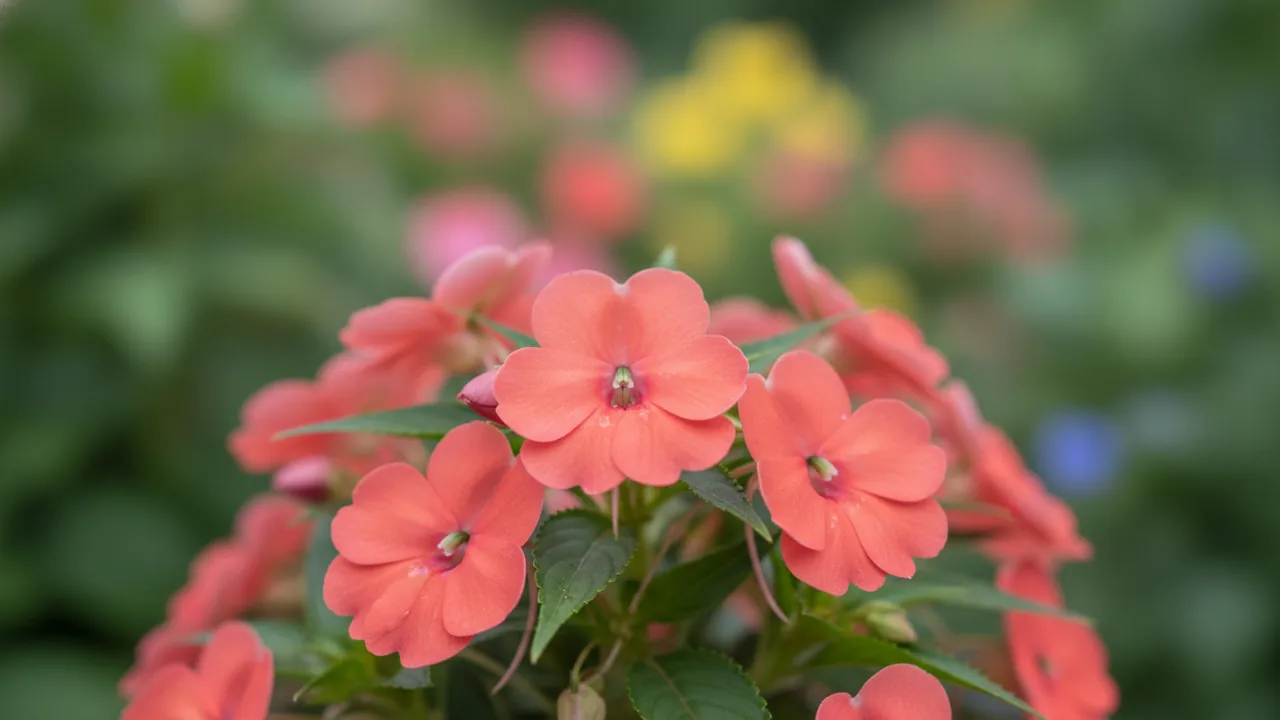 SunPatiens Coral (Impatiens 'SunPatiens') - orange flowers, illustrated plant card