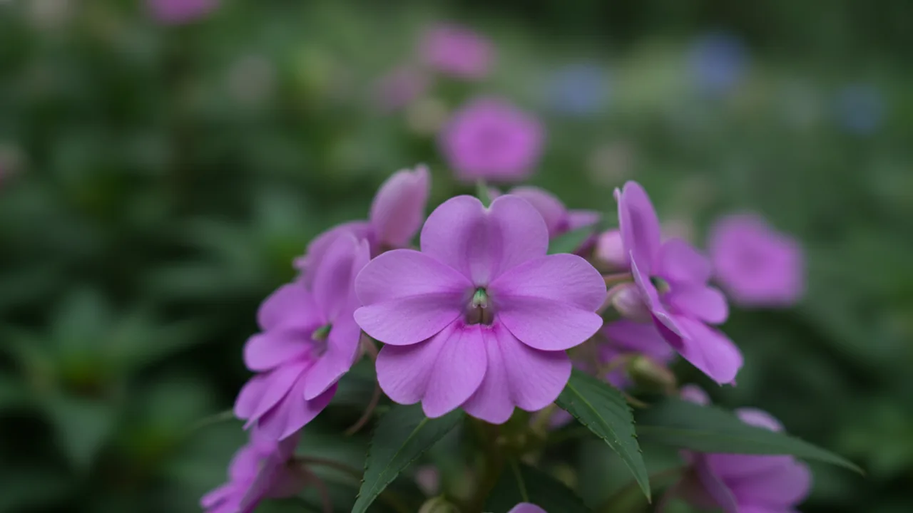 Violet Impatiens (Impatiens walleriana) - purple flowers, illustrated plant card