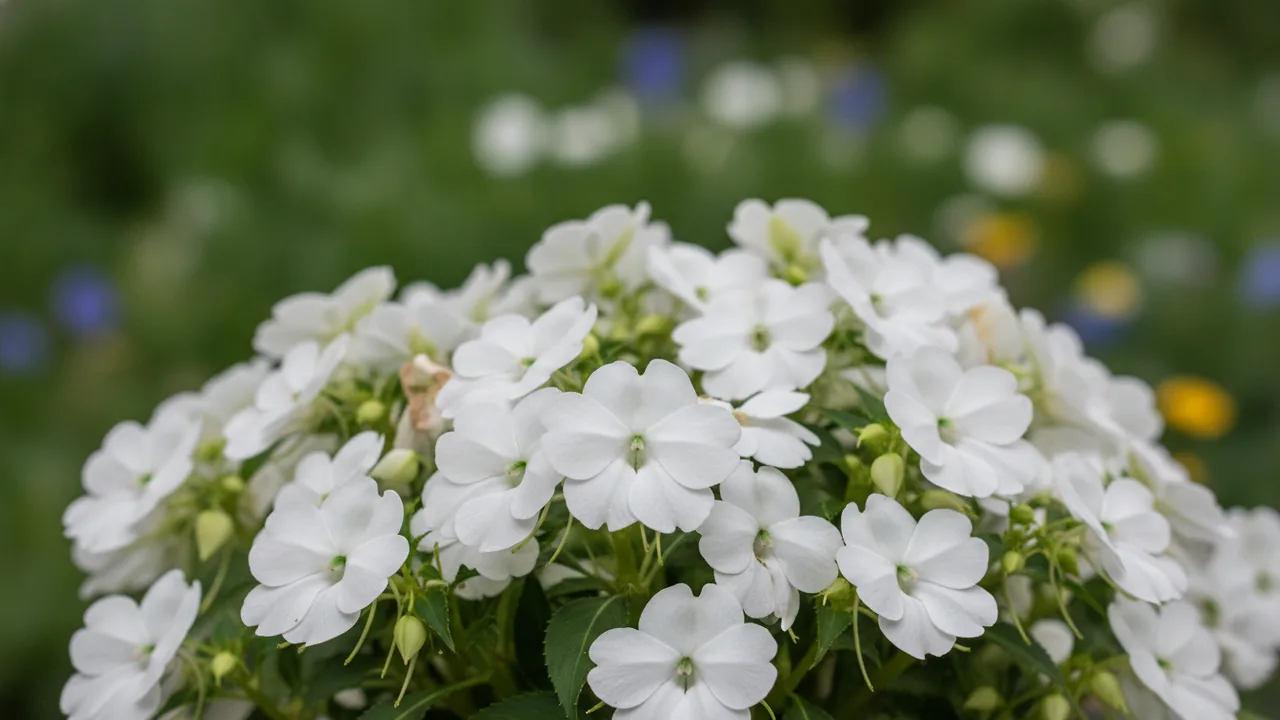 White Impatiens (Impatiens walleriana) - white flowers, illustrated plant card