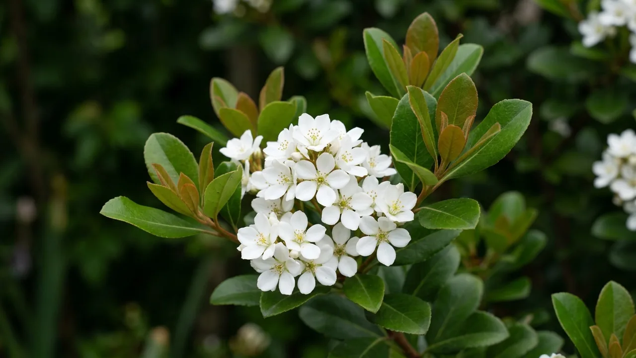 Snow White Indian Hawthorn (Rhaphiolepis indica 'Snow White') - white flowers, illustrated plant card