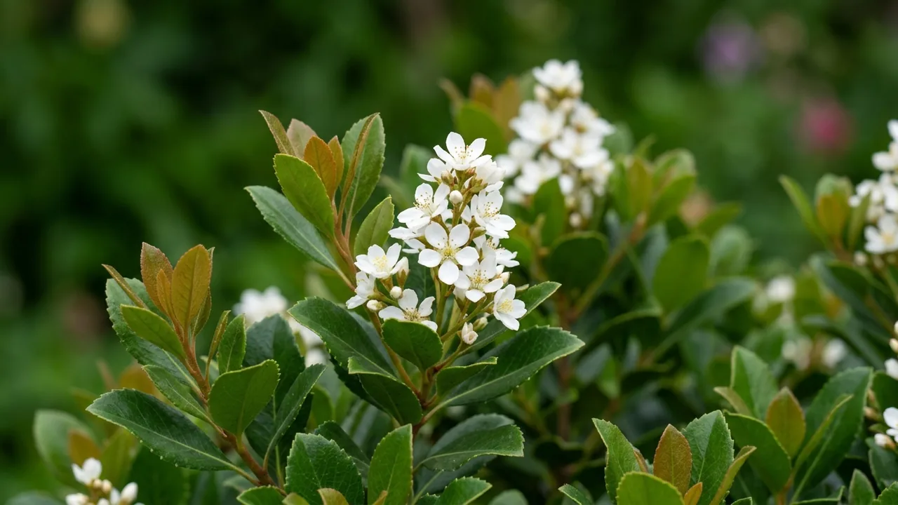 Indian Hawthorn (Rhaphiolepis indica) - white flowers, illustrated plant card