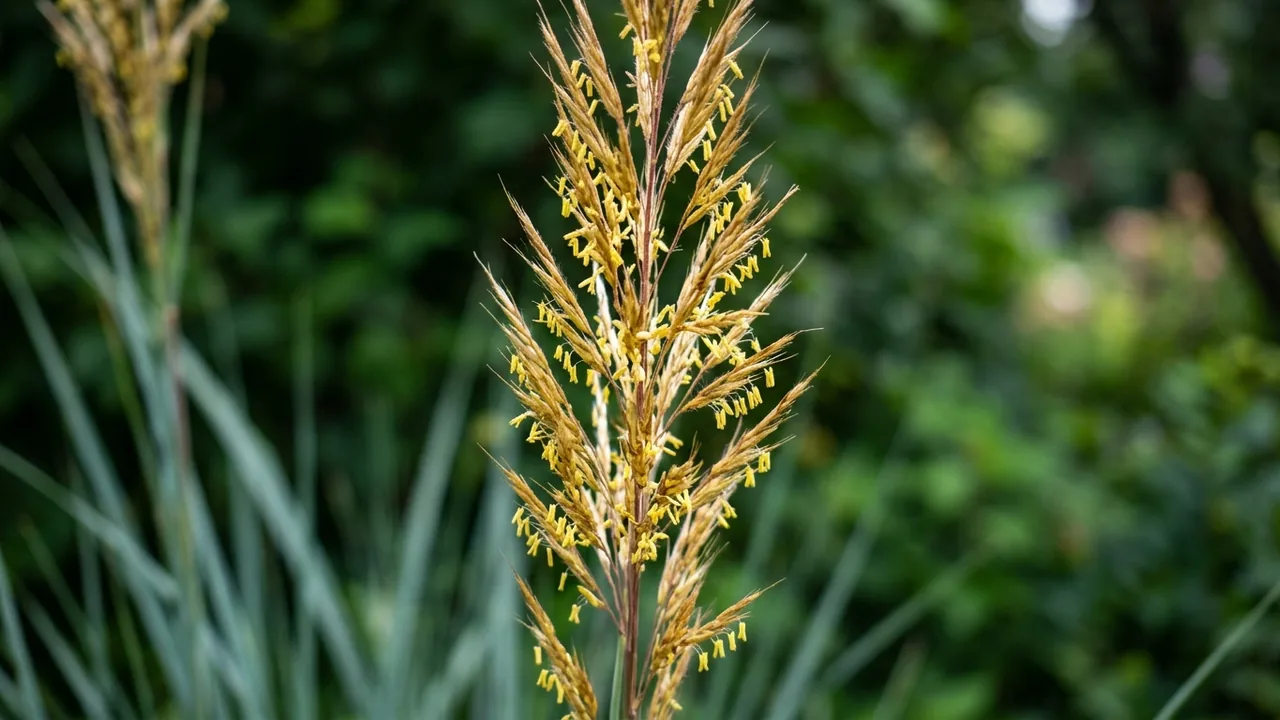 Indiangrass (Sorghastrum nutans) - yellow flowers, illustrated plant card