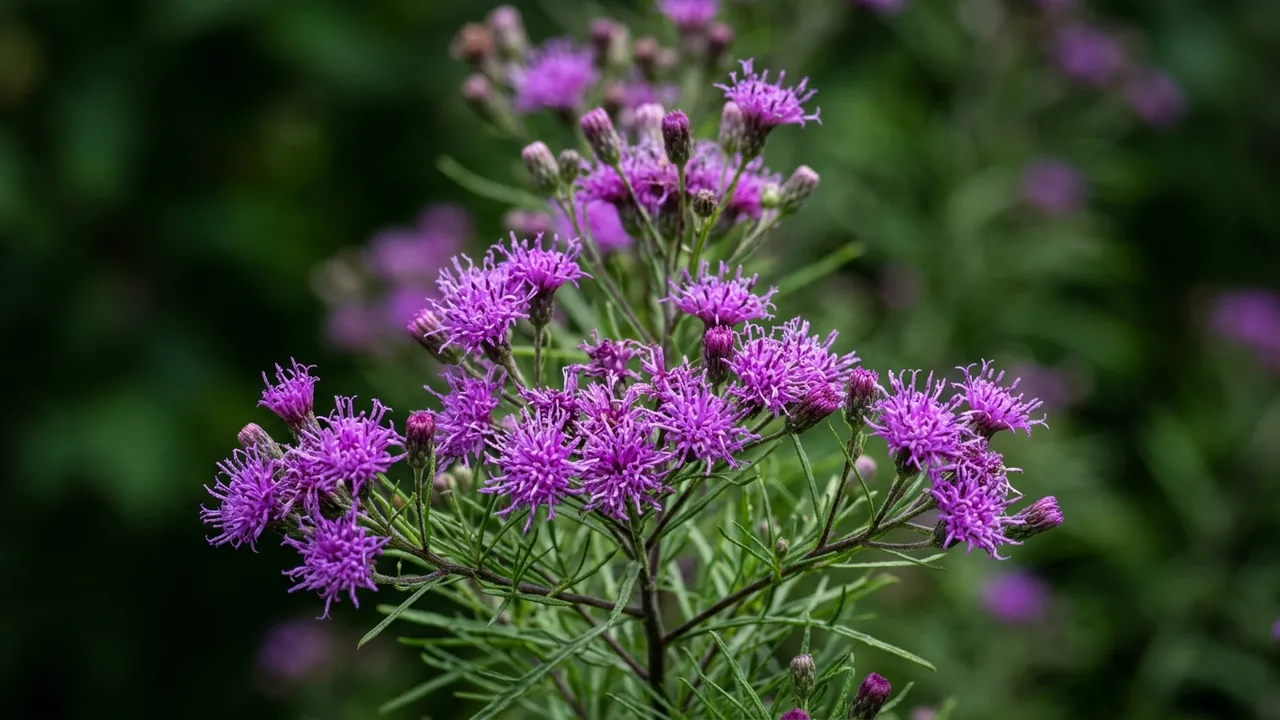 Iron Butterfly Ironweed (Vernonia lettermannii 'Iron Butterfly') - purple flowers, illustrated plant card